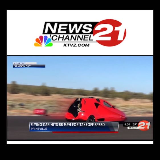 Port Charlotte, Florida image with ktvz news channel 21 logo showing samson sky flying car doing speed test