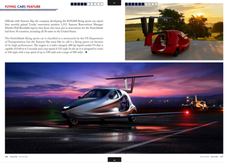 picture of magazine article featuring artists concept of the samson sky flying car