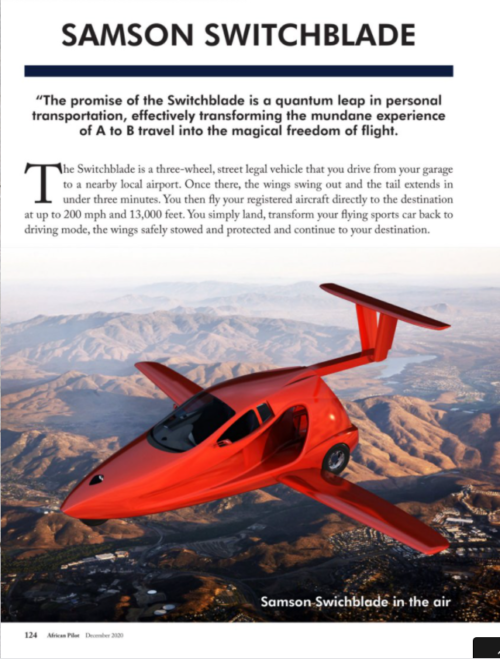 picture of magazine article featuring artists concept of the samson sky flying car