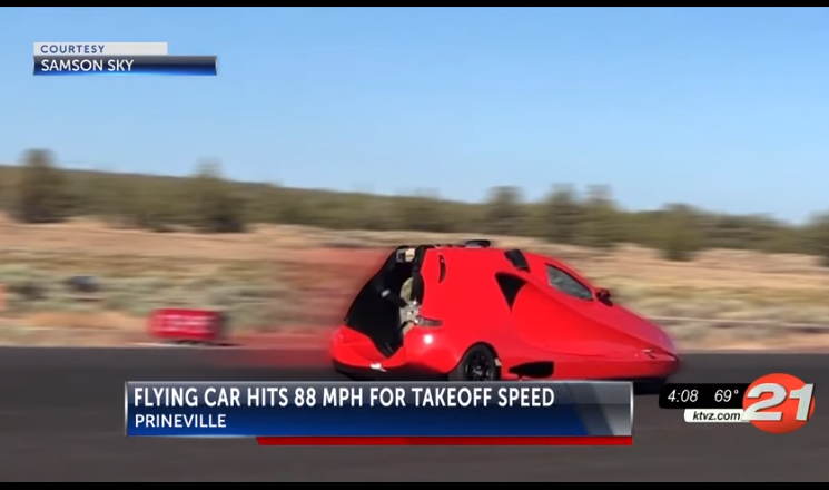 image with ktvz news channel 21 logo showing samson sky flying car doing speed test