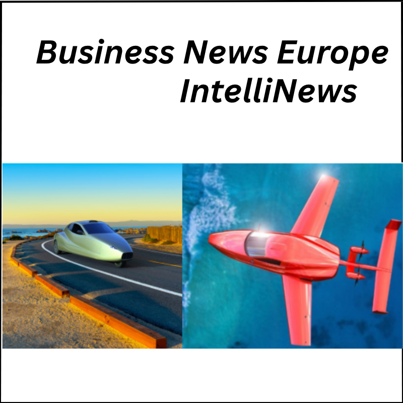 Business News Europe IntelliNews featuring a futuristic car on a coastal road and a red seaplane over the ocean.